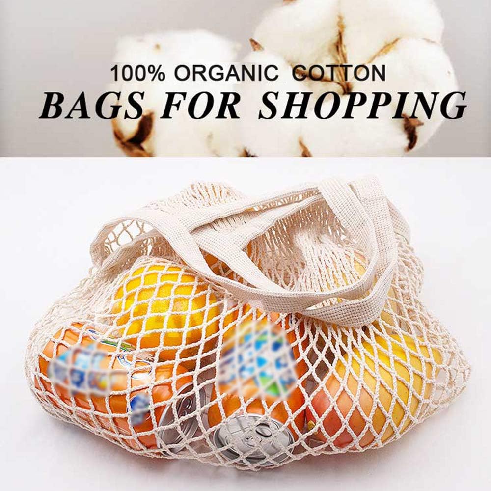 100% Cotton Reusable Mesh Shopping Bags (Long + Short) for Groceries, Vegetables, Fruits, and Beach Essentials in Natural Beige