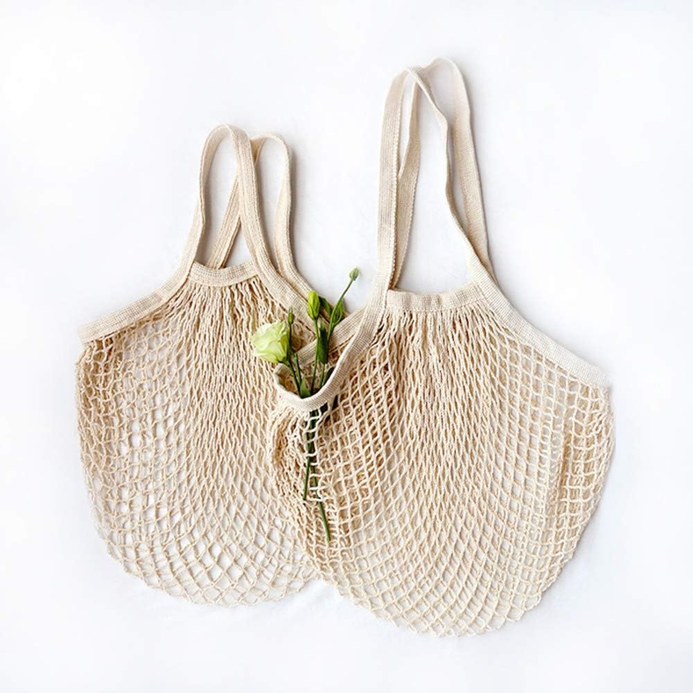 100% Cotton Reusable Mesh Shopping Bags (Long + Short) for Groceries, Vegetables, Fruits, and Beach Essentials in Natural Beige