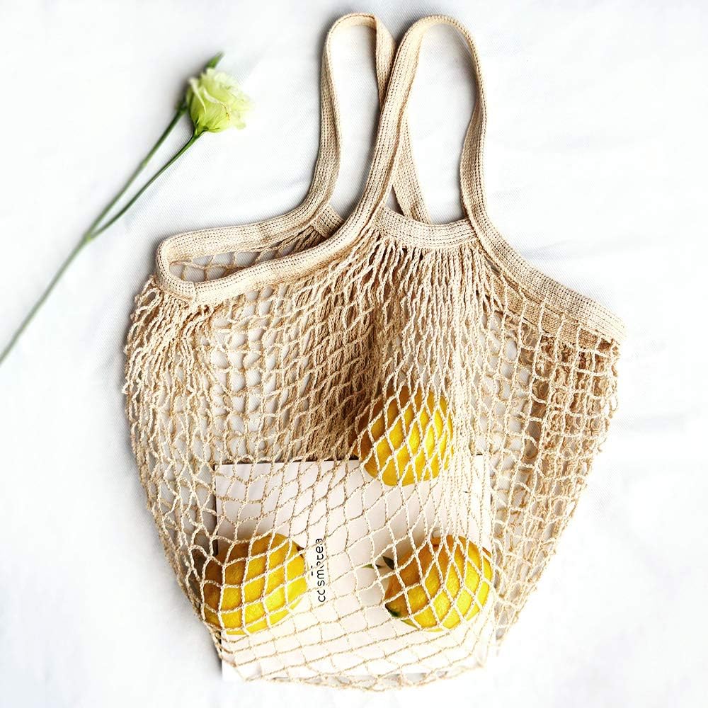 100% Cotton Reusable Mesh Shopping Bags (Long + Short) for Groceries, Vegetables, Fruits, and Beach Essentials in Natural Beige