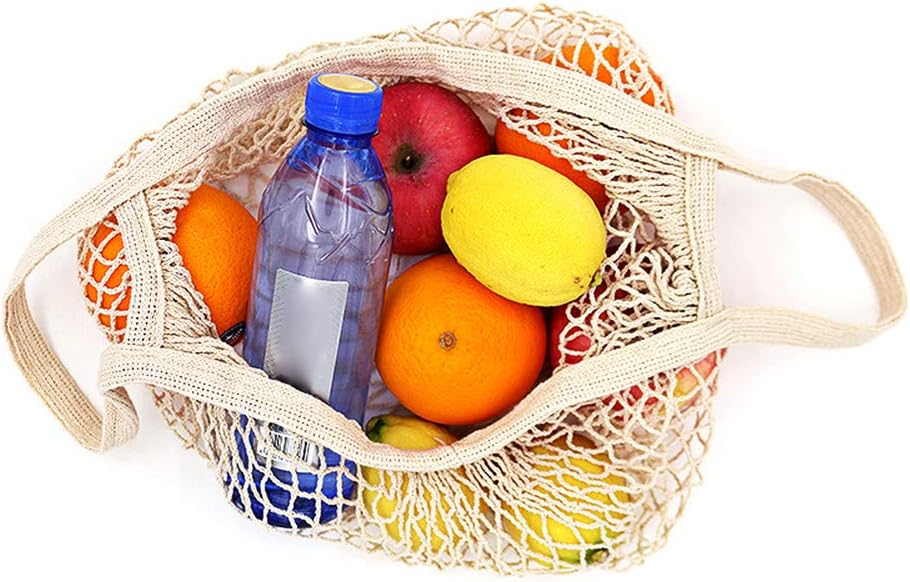 100% Cotton Reusable Mesh Shopping Bags (Long + Short) for Groceries, Vegetables, Fruits, and Beach Essentials in Natural Beige