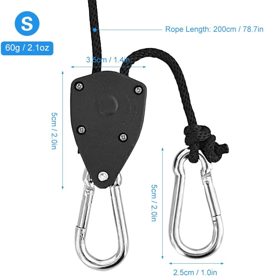 16pcs Heavy Duty Adjustable Lifting Pulley Ratchets Rope Clip Hanger Lanyard Strap with Aluminium Carabiners Internal Gears for Hanging Fixtures Reflectors Carbon Multipurpose Use