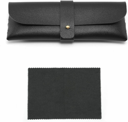 Glasses Case and Glasses Cloth, Simple Black Leather Case with Matching Cleaning Cloth, Portable Practical Item for Lens Cleanliness and Safety
