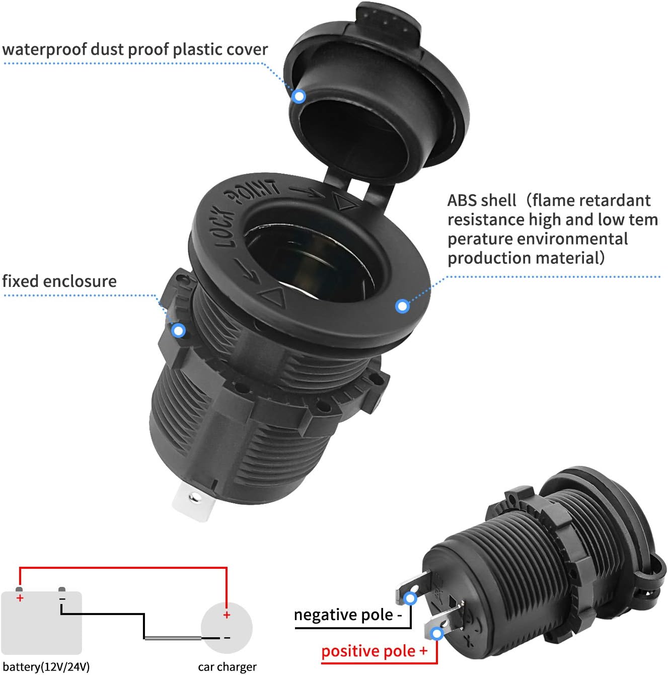 12V Car Cigarette Lighter Socket Waterproof and Dustproof plug socket for Car Truck Motobike Boats Marine ATV, with Fuse & 60cm Cable (Black-2PCS)
