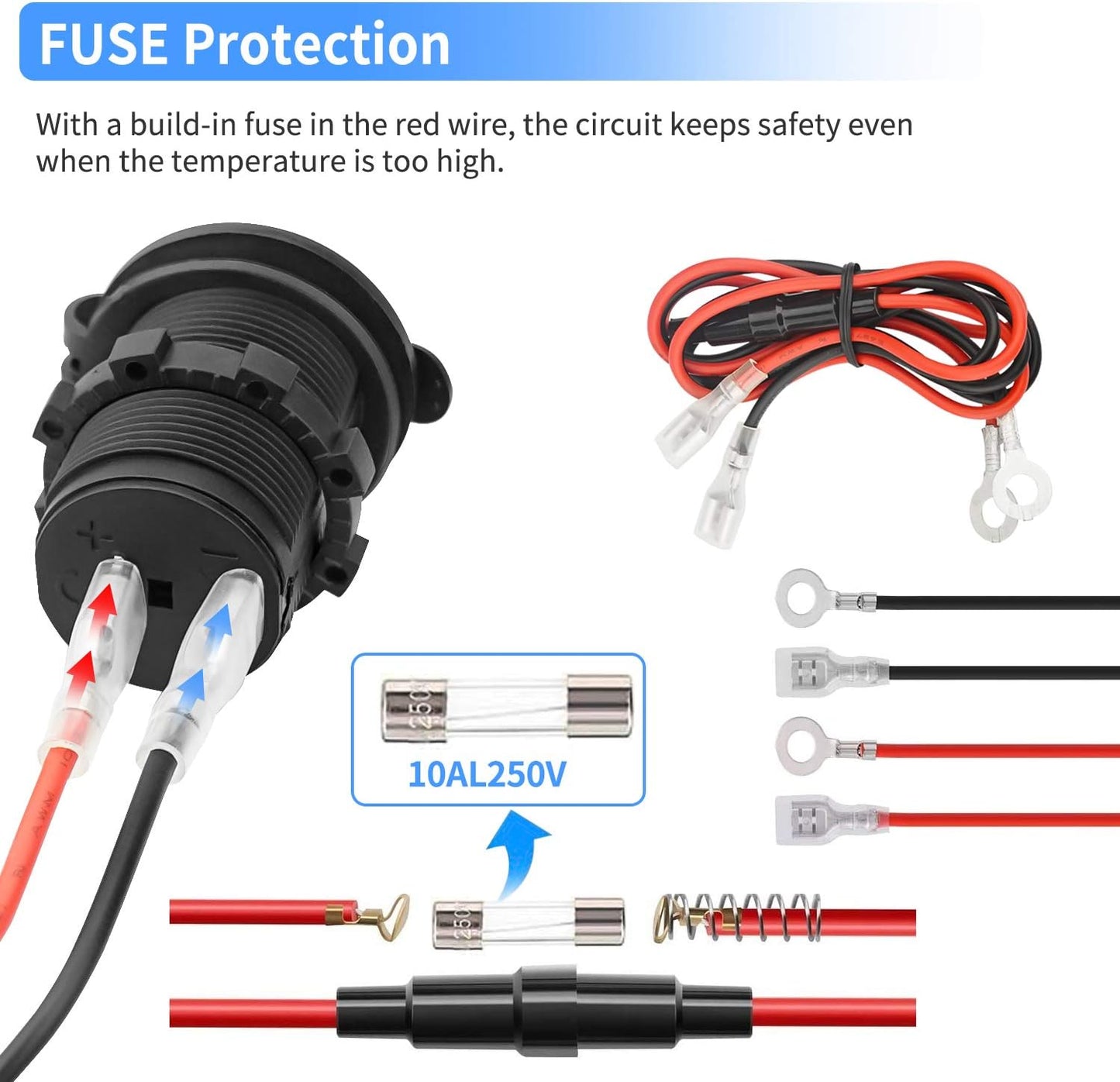 12V Car Cigarette Lighter Socket Waterproof and Dustproof plug socket for Car Truck Motobike Boats Marine ATV, with Fuse & 60cm Cable (Black-2PCS)