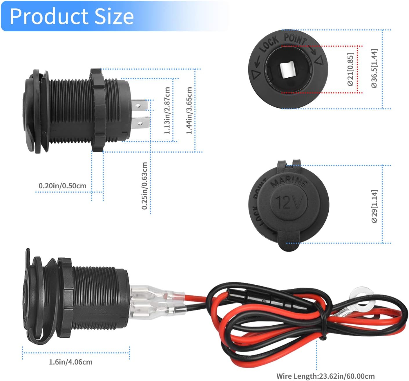 12V Car Cigarette Lighter Socket Waterproof and Dustproof plug socket for Car Truck Motobike Boats Marine ATV, with Fuse & 60cm Cable (Black-2PCS)