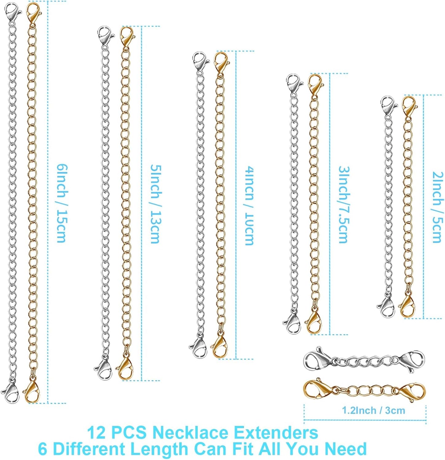 12 PCS Necklace Extenders - Stainless Steel Necklace Extension Chain for Jewelry, Bracelets & Anklets (6 Gold & 6 Silver, 1"-6" Lengths)
