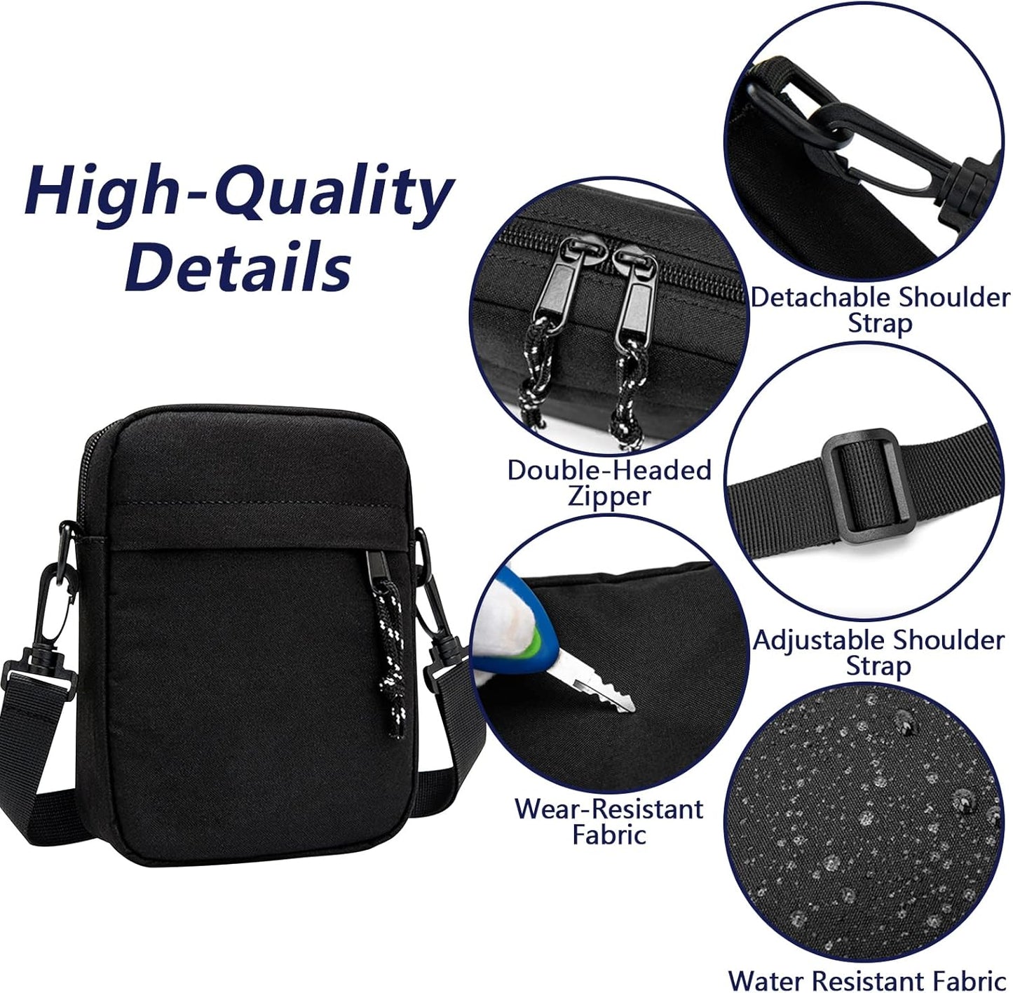 Small Crossbody Bag for Men, Mini Messenger Bag Side Shoulder Bag for Phone Passport, Casual Satchel Bag Phone Purse, Mini Sling Bag Fanny Pack Water Resistant for Travelling, Hiking (Black)