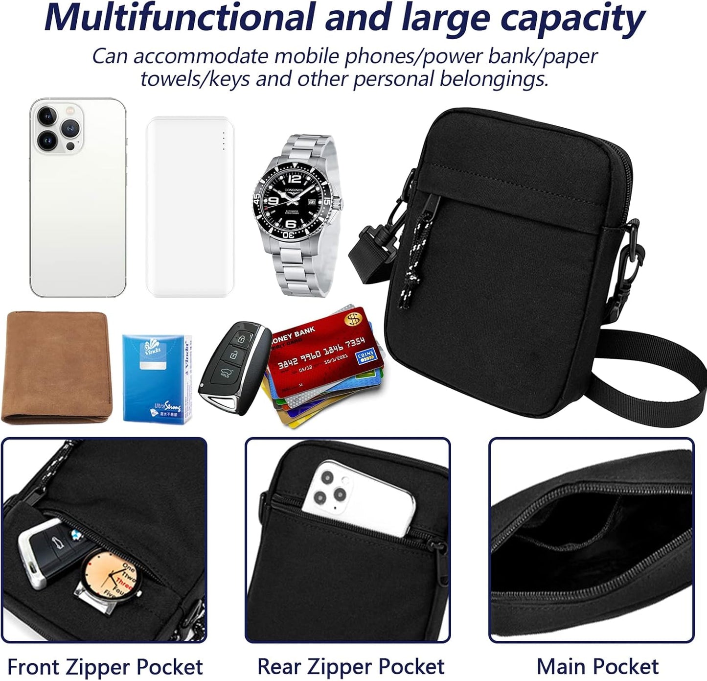 Small Crossbody Bag for Men, Mini Messenger Bag Side Shoulder Bag for Phone Passport, Casual Satchel Bag Phone Purse, Mini Sling Bag Fanny Pack Water Resistant for Travelling, Hiking (Black)