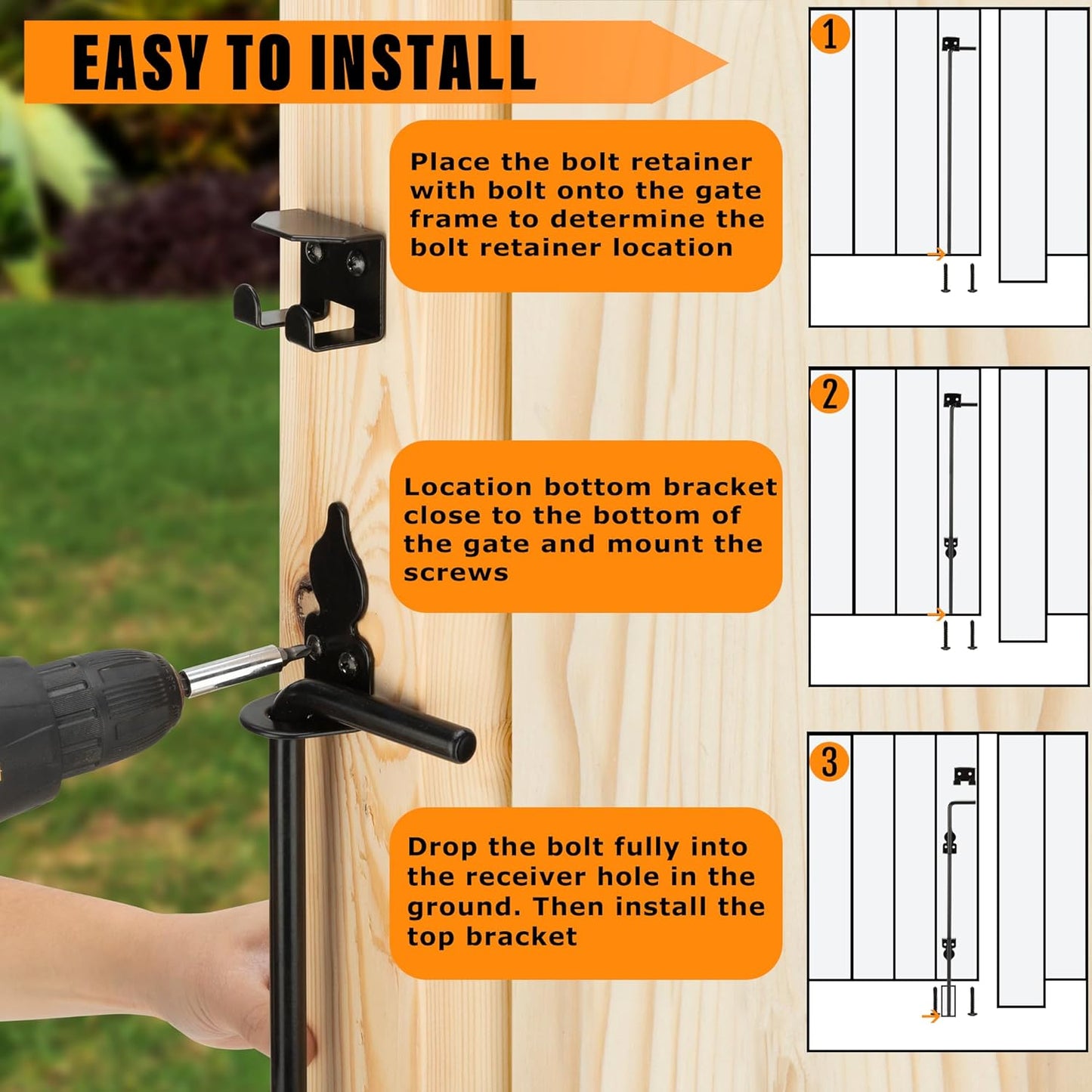 18" Heavy Duty Cane Bolt Gate Drop Rod-Steel Gate Ground Latch Designed for Wood Metal Vinyl Gates or Double Doors Fence Applications