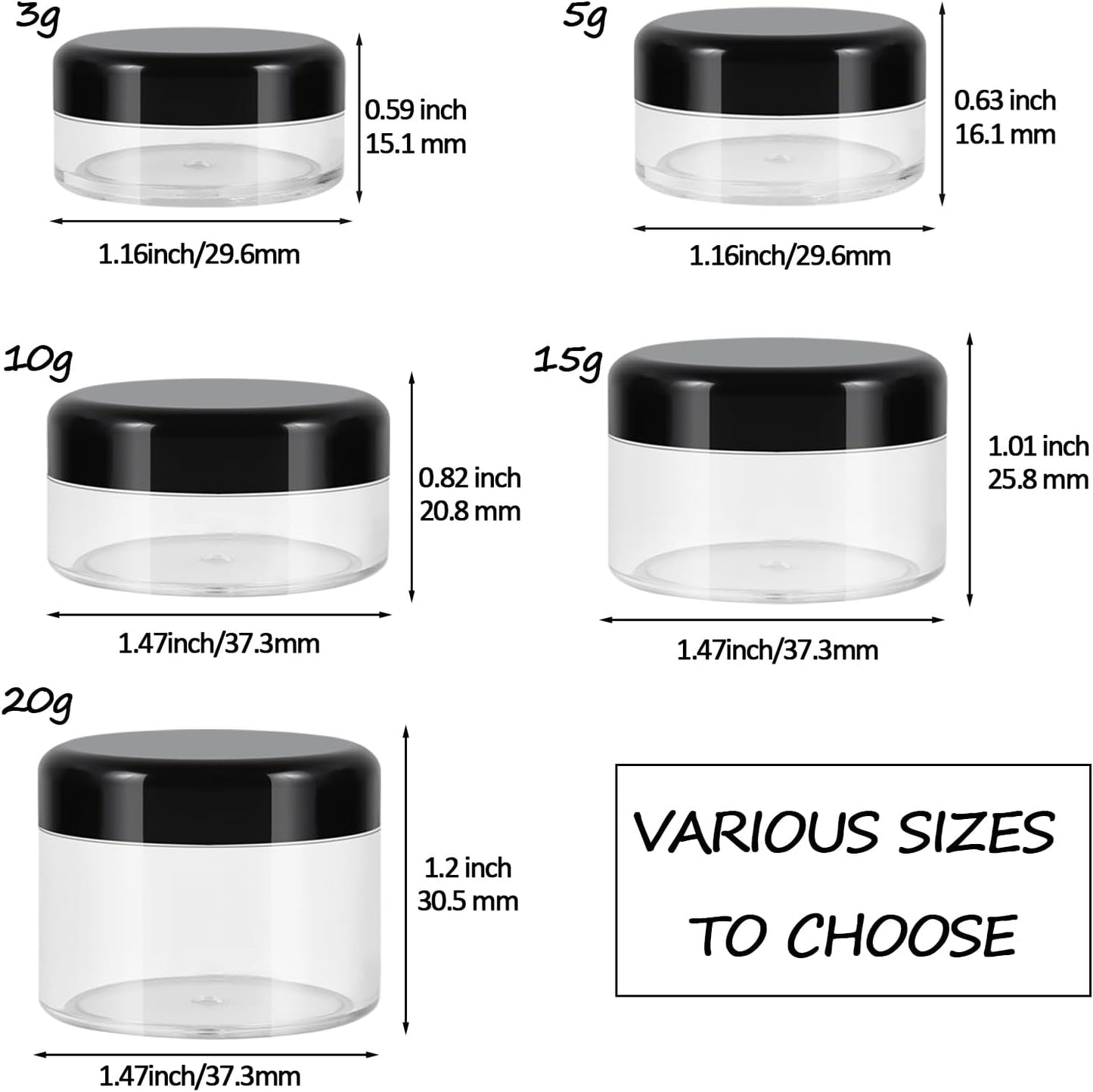 10 Pieces Small Travel Containers, 3/5/10/15/20 Gram Size for Creams, Sample With Screw Lids, 12Pcs Labels/2Pcs Mini Spatulas, Plastic Makeup (Black)