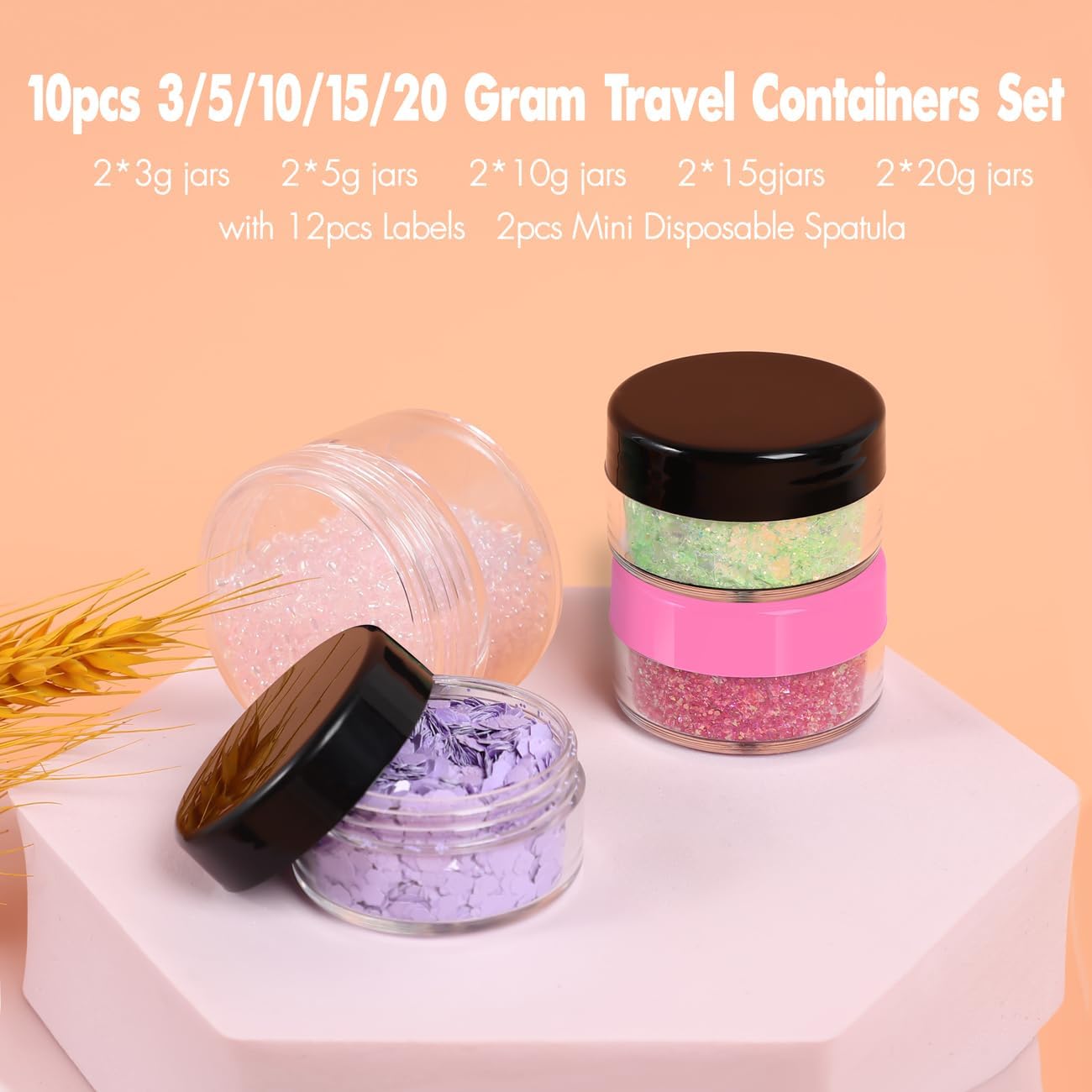 10 Pieces Small Travel Containers, 3/5/10/15/20 Gram Size for Creams, Sample With Screw Lids, 12Pcs Labels/2Pcs Mini Spatulas, Plastic Makeup (Black)