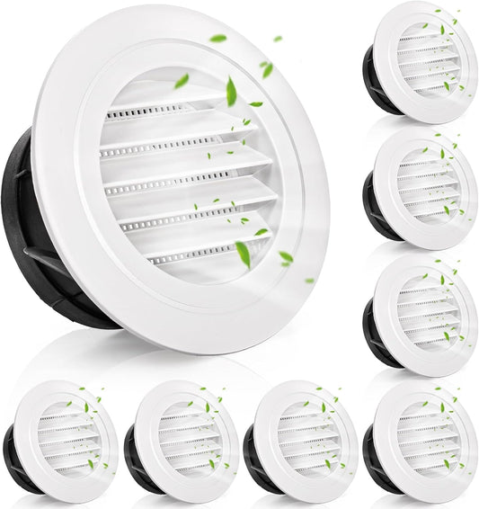 8 Pack Air Vent Round, 4 Inch Air Soffit Vent, ABS Louver Vent Cover with Built-in Fly Screen Mesh, Ceiling Louver Grille Cover for Garage, Bathroom, Kitchen, Office, Home Ventilation