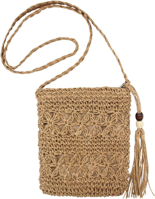 Women Small Straw Bag Summer Beach Crossbody Bag with Tassel Boho Weave Handmade Shoulder Purse or Holiday Travel