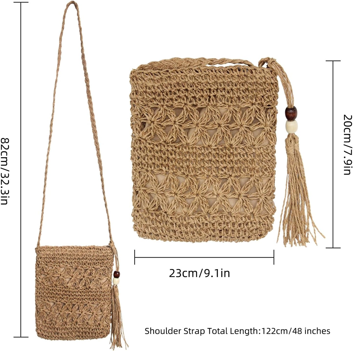 Women Small Straw Bag Summer Beach Crossbody Bag with Tassel Boho Weave Handmade Shoulder Purse or Holiday Travel
