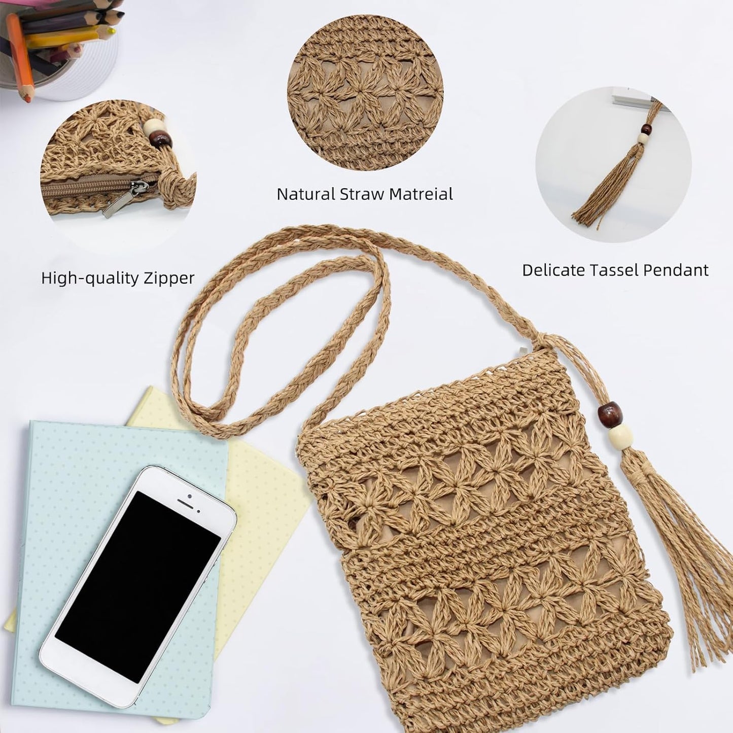Women Small Straw Bag Summer Beach Crossbody Bag with Tassel Boho Weave Handmade Shoulder Purse or Holiday Travel