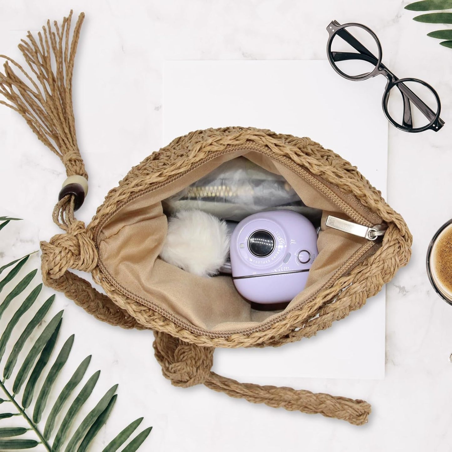Women Small Straw Bag Summer Beach Crossbody Bag with Tassel Boho Weave Handmade Shoulder Purse or Holiday Travel