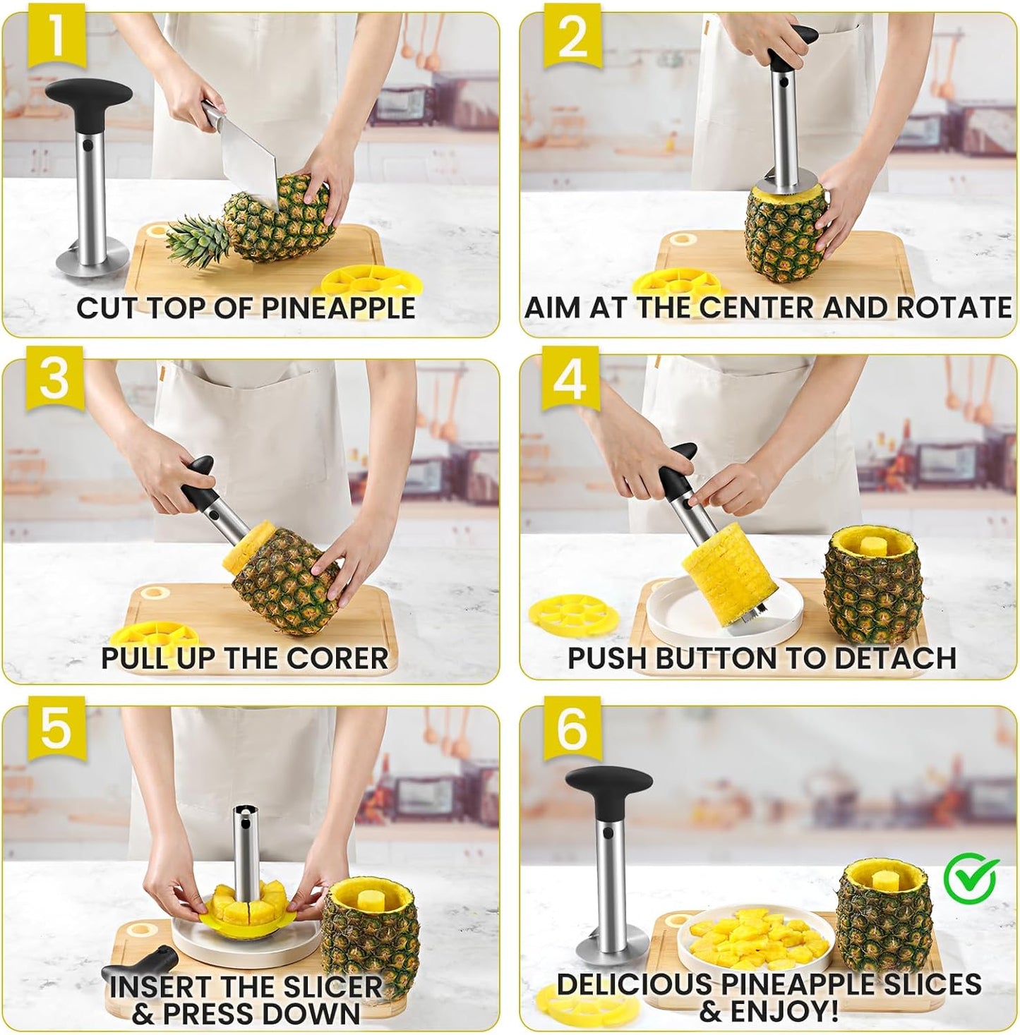 Premium Pineapple Corer and Slicer Tool - Pineapple Cutter with Sharp Serrated Tips - Easy to Use & Clean - Stainless Steel Core Remover for Pineapple - Slice and Core Fruits with Ease(Black)