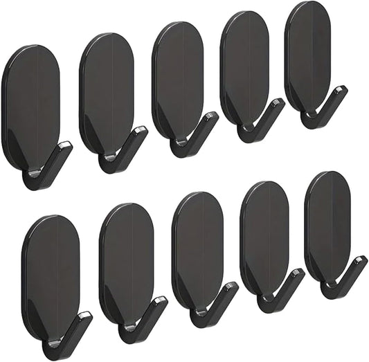 Heavy-Duty Adhesive Wall Hooks, 10-Pack - No-Drill, Damage-Free Installation for Multi-Purpose Use in Bathroom, Kitchen & More - Strong Hold, Black