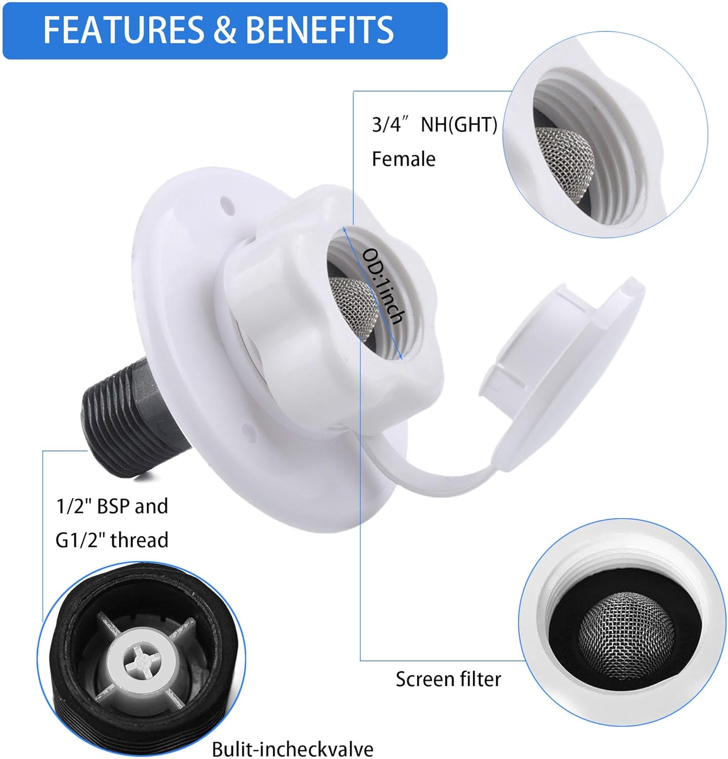 RV City Water Inlet with Check Valve, 1/2 inch BSP and G1/2 Thread RV Water Hose Connector with Dust Plug for RV Camper Trailer Marine RV City Water Connector