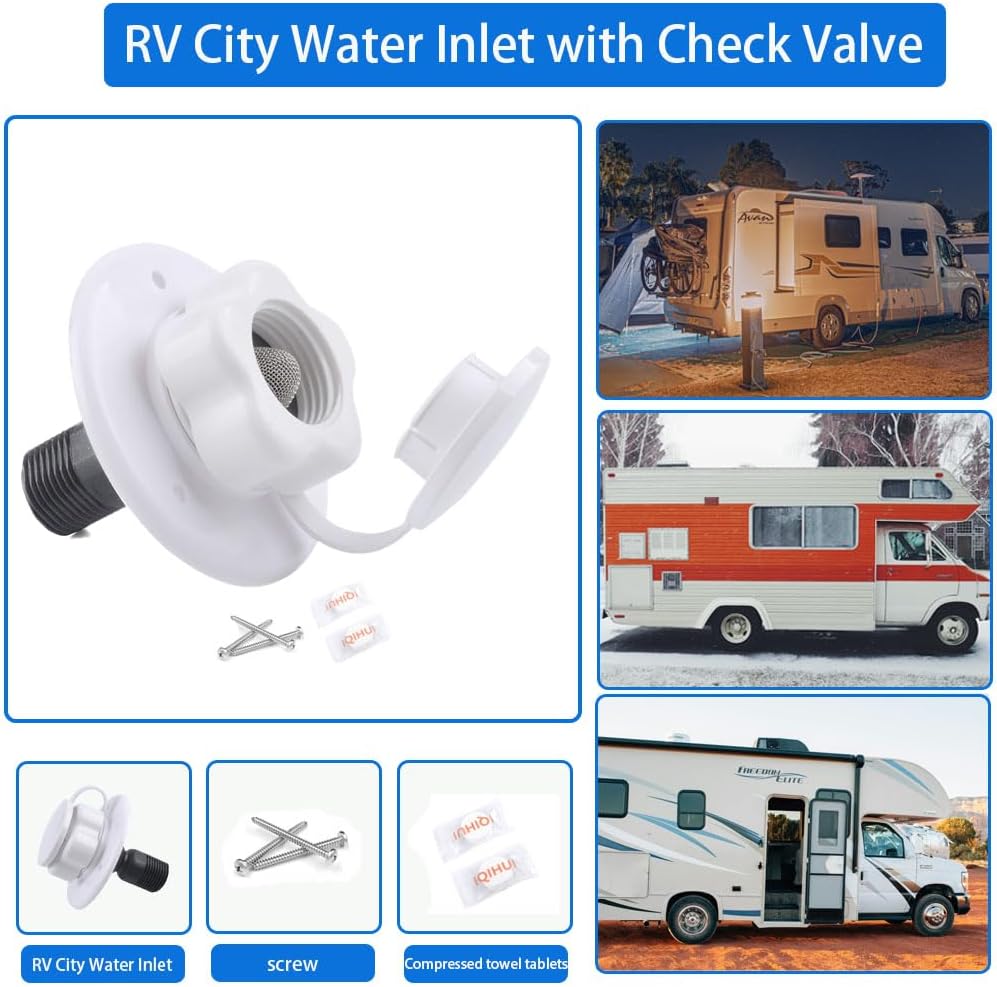 RV City Water Inlet with Check Valve, 1/2 inch BSP and G1/2 Thread RV Water Hose Connector with Dust Plug for RV Camper Trailer Marine RV City Water Connector