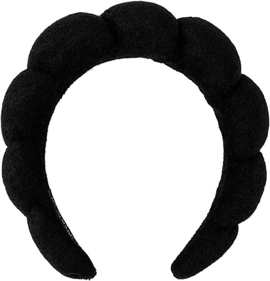 Spa Headband Hair Band for Women - Puffy Sponge Black Headbands for Washing Face Hair Headband for Skincare, Makeup Removal, Shower - Soft Absorbent Terry Towel Cloth Fabric