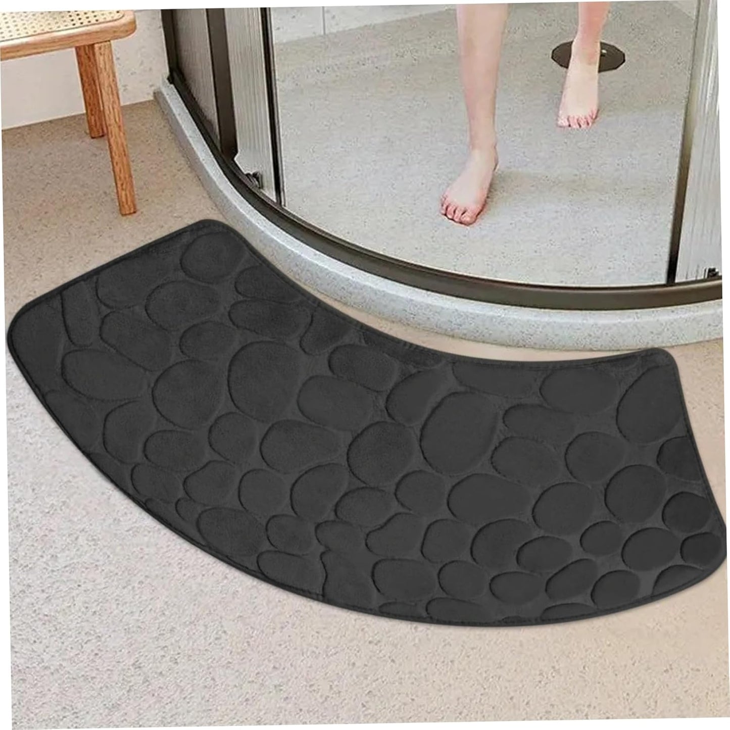 Bath Mat, Curved Shower Mat Non-Slip Quadrant Shower Mat Super Absorbent Corner Shower Mat Machine Washable Fan-Shaped Bathroom Carpet Rugs, Black, 16x39 inches