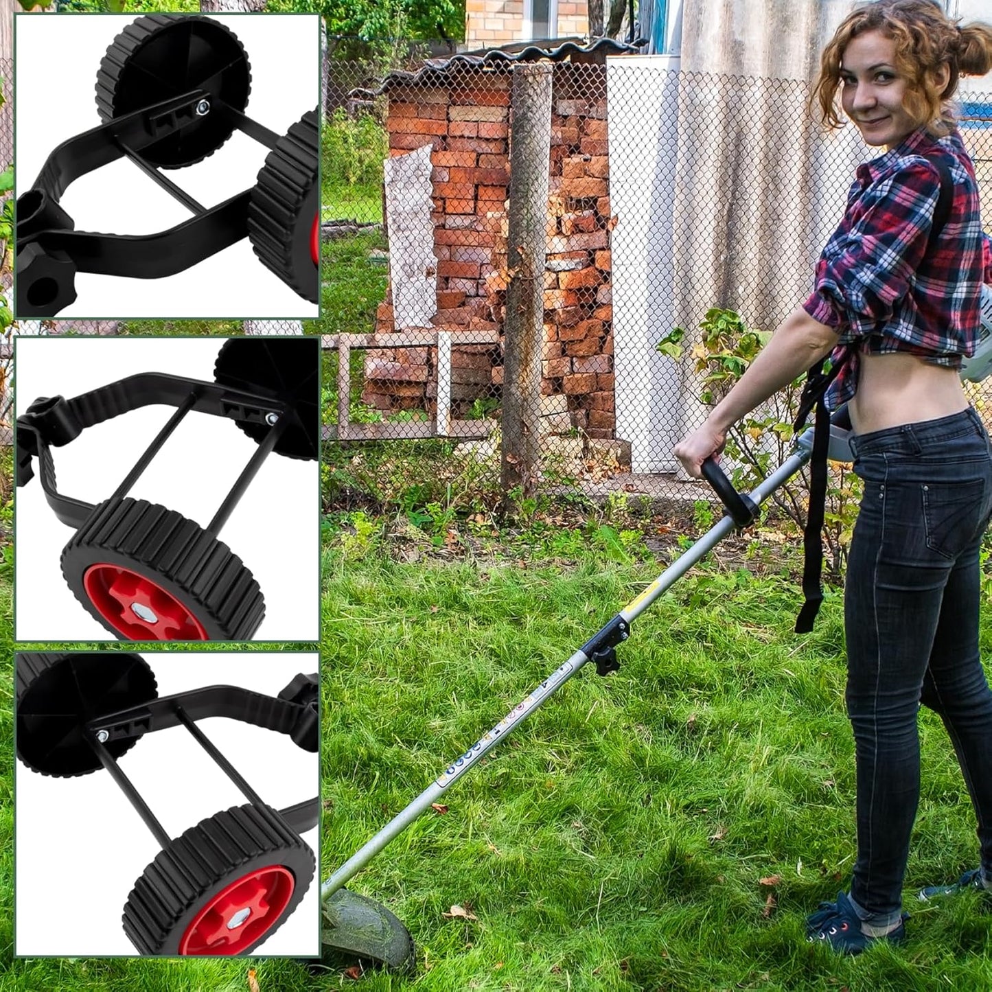 String Trimmer Wheel Attachment, Weed Wacker Attachments, Adjustable Support Wheels, Non-Slip Detachable Lawn Mower Support Wheels Labor-Saving Replacement for Most Mowers