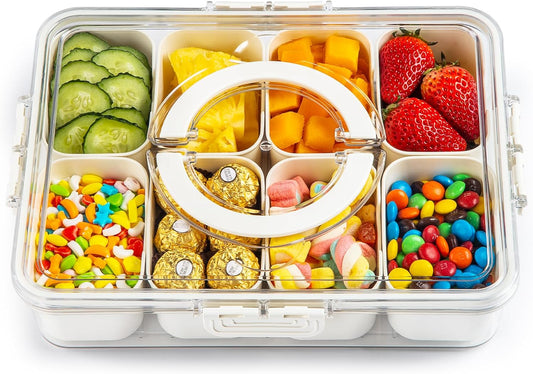 Snackle Box Container,Divided Clear Snack Box Serving Tray with Lid and Handle,8 Compartments Snack Tray,Portable Travel Snack Container,Perfect for Party, Travel, & Picniccnic（1 Pack）