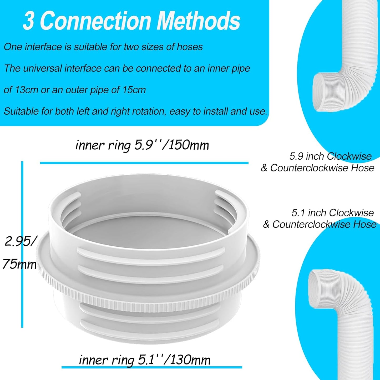 Portable Air Conditioner Exhaust Hose Connector, Both 5.1"/5.9" Exhasut Vent Hoses with Clockwise & Counter Clockwise, Universal Mobile AC Unit Vent Hose Coupler Coupling Extension