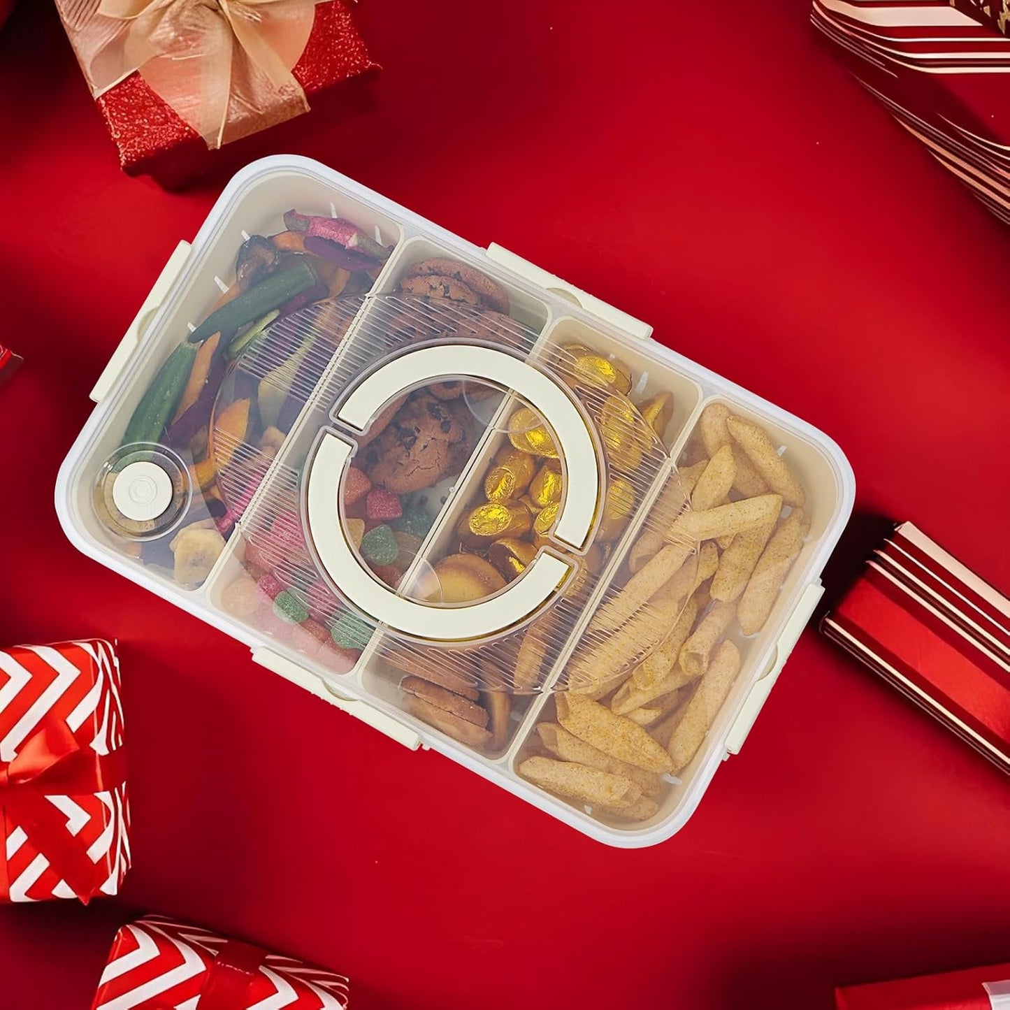 Snack Box Container,Dishwasher Safe Fruit Snack Containers,2 Pack Divided Serving Tray with Lid for Veggie Candy Snackle Charcuterie Plastic Boxes for Travel and Picnic（4 Compartments）