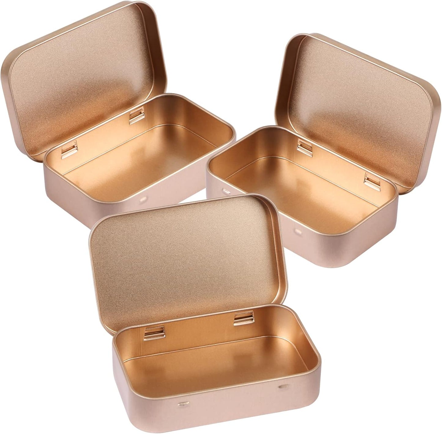 3 Pack Metal Rectangular Hinged Tins Box with Lid Mini Portable Box Empty Craft Containers Small Storage Kit Home Outdoors Organizer for Soap Mint Cookie 3.8x2.4x0.8 inch, Rose Gold