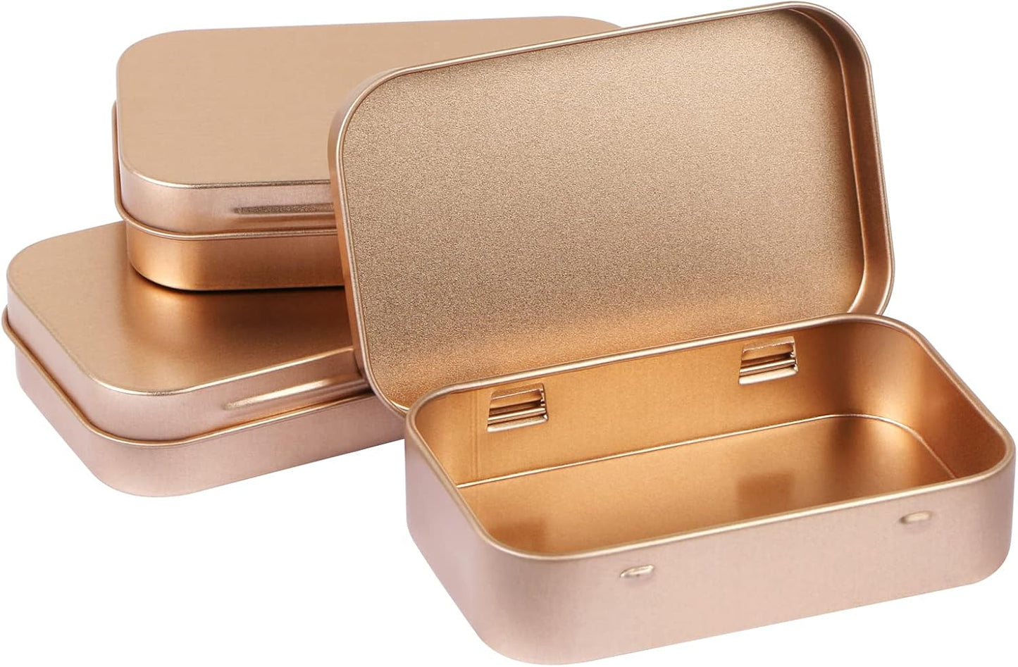 3 Pack Metal Rectangular Hinged Tins Box with Lid Mini Portable Box Empty Craft Containers Small Storage Kit Home Outdoors Organizer for Soap Mint Cookie 3.8x2.4x0.8 inch, Rose Gold