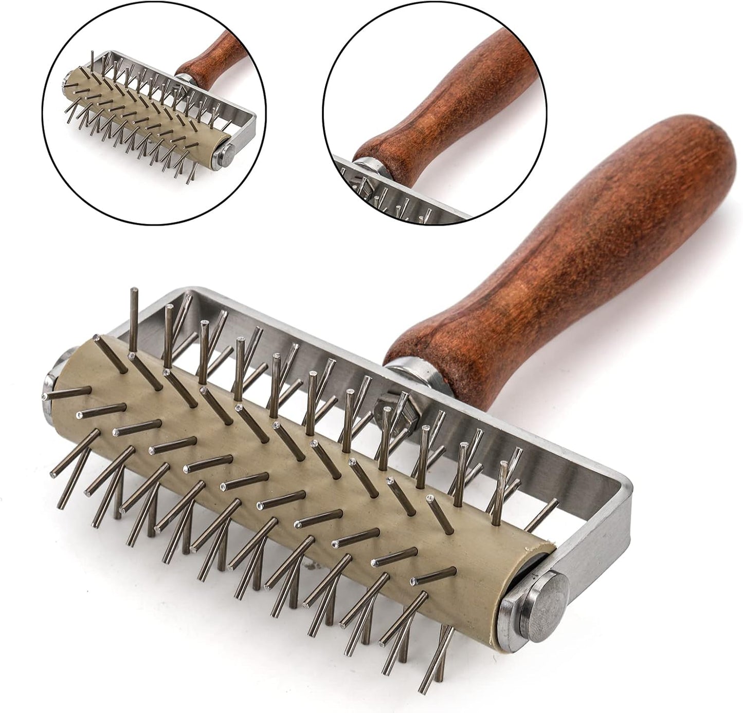 Set of 2 Pizza Dough Roller & Docker, Stainless Steel Hole Maker Puncher, Wooden Rolling Pin for Pizza, Cookie, Pie, Pastry, Bread, Crust