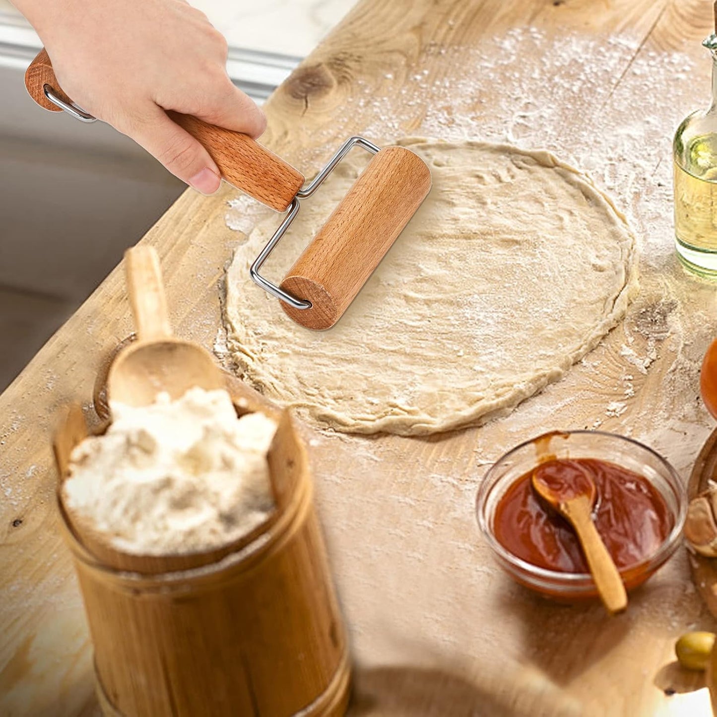 Set of 2 Pizza Dough Roller & Docker, Stainless Steel Hole Maker Puncher, Wooden Rolling Pin for Pizza, Cookie, Pie, Pastry, Bread, Crust