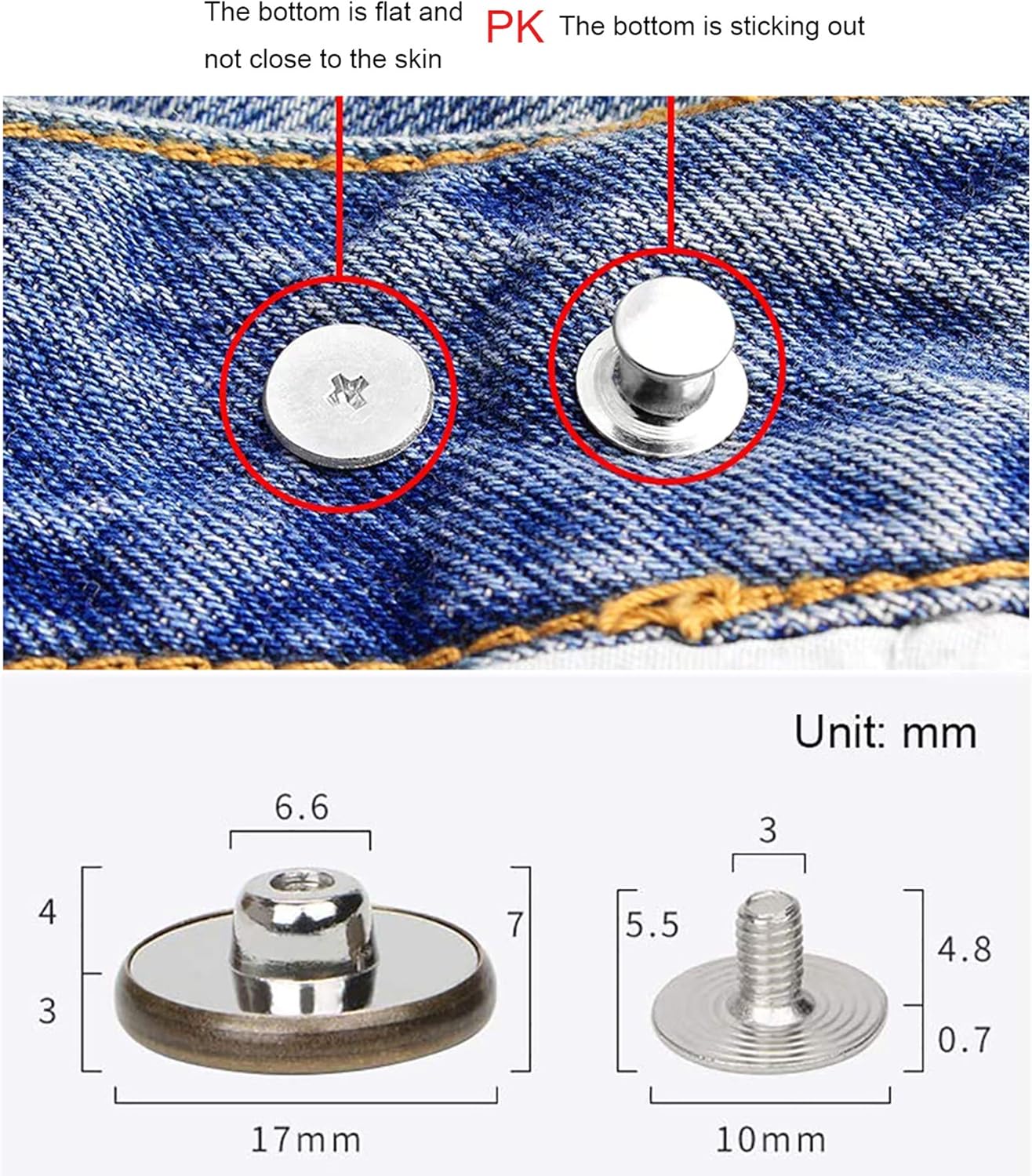 12 Pcs Button for Sewing Metal Jeans, 17 mm No-Sew Nailess Removable Metal Jeans Buttons Replacement Repair Combo Thread Rivets and Screwdrivers
