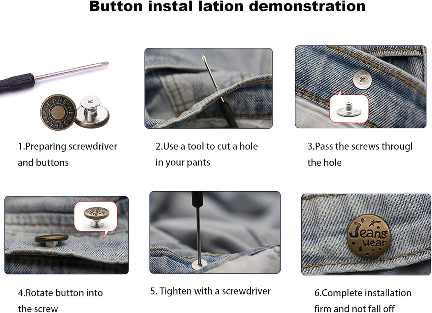 12 Pcs Button for Sewing Metal Jeans, 17 mm No-Sew Nailess Removable Metal Jeans Buttons Replacement Repair Combo Thread Rivets and Screwdrivers