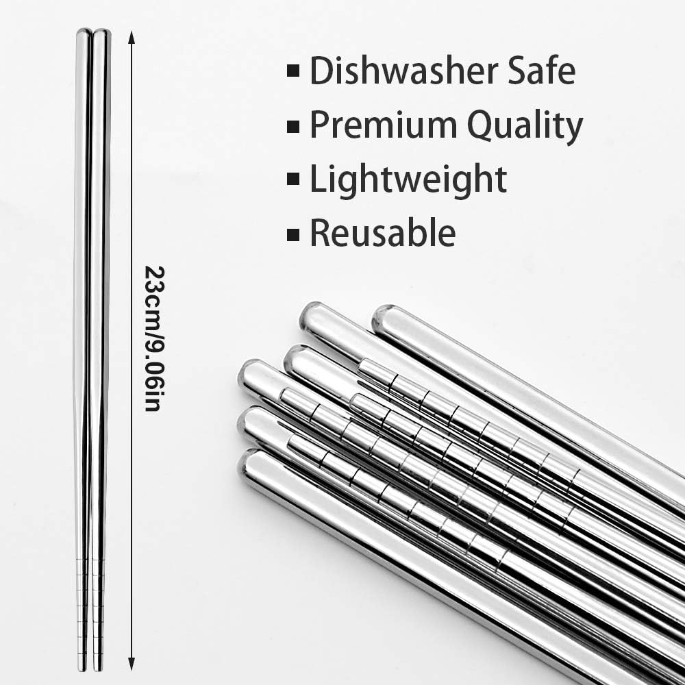Stainless Steel Chopsticks Reusable Multicolor Lightweight 304 Metal Chopsticks Dishwasher Safe - 5 Pairs (Silver)