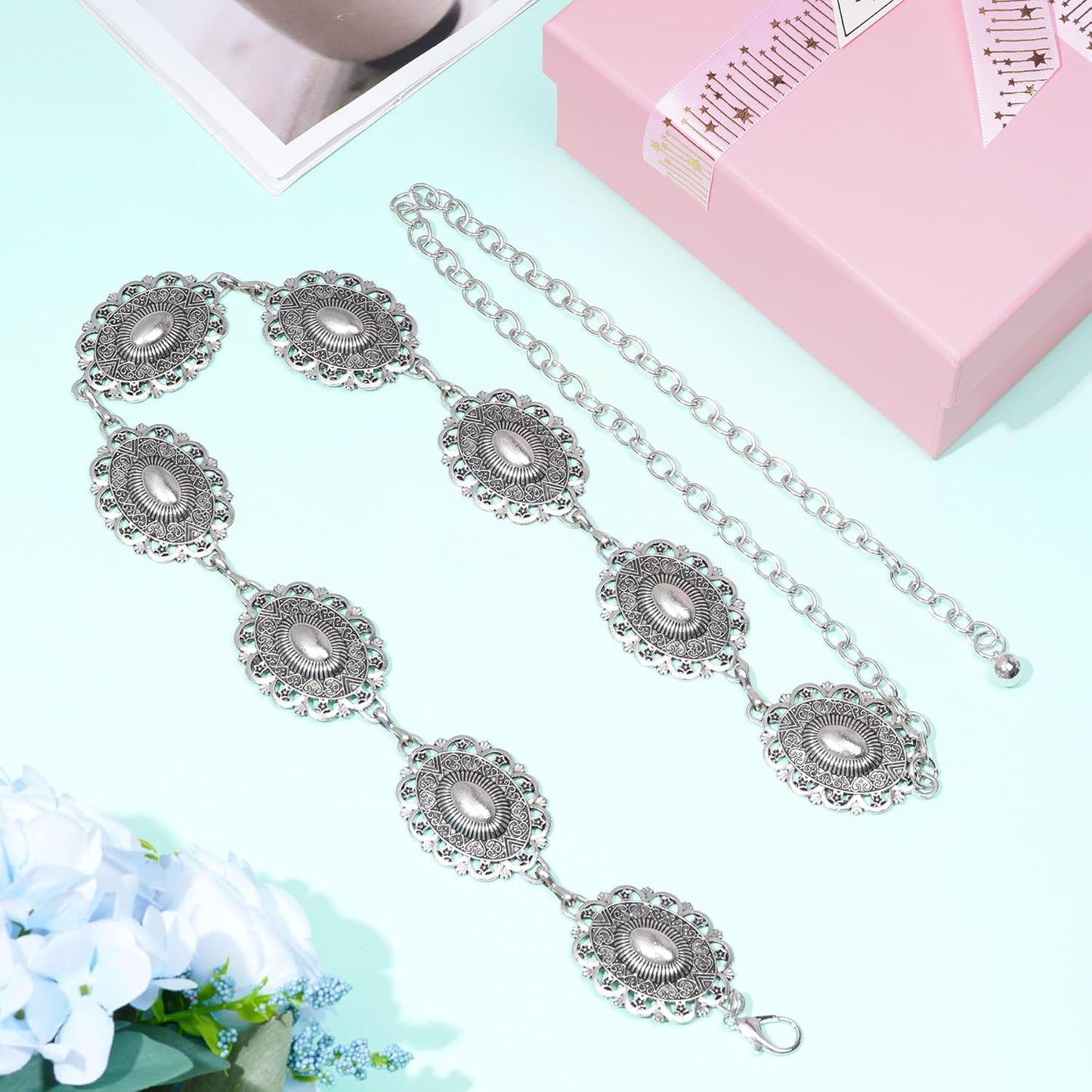 Western Oval Concho Chain Belt for Women Metal Waist Chain Belt for Dresses Jeans Western Cowgirl