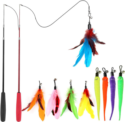 Huidcom Cat Feather Toy Retractable Cat Toys Wand with 2 Wands & 9 Assorted Teaser Refills Interactive Feather Teaser Wand Toy with Bell for Kitten Or Cat Having Fun Exerciser Playing