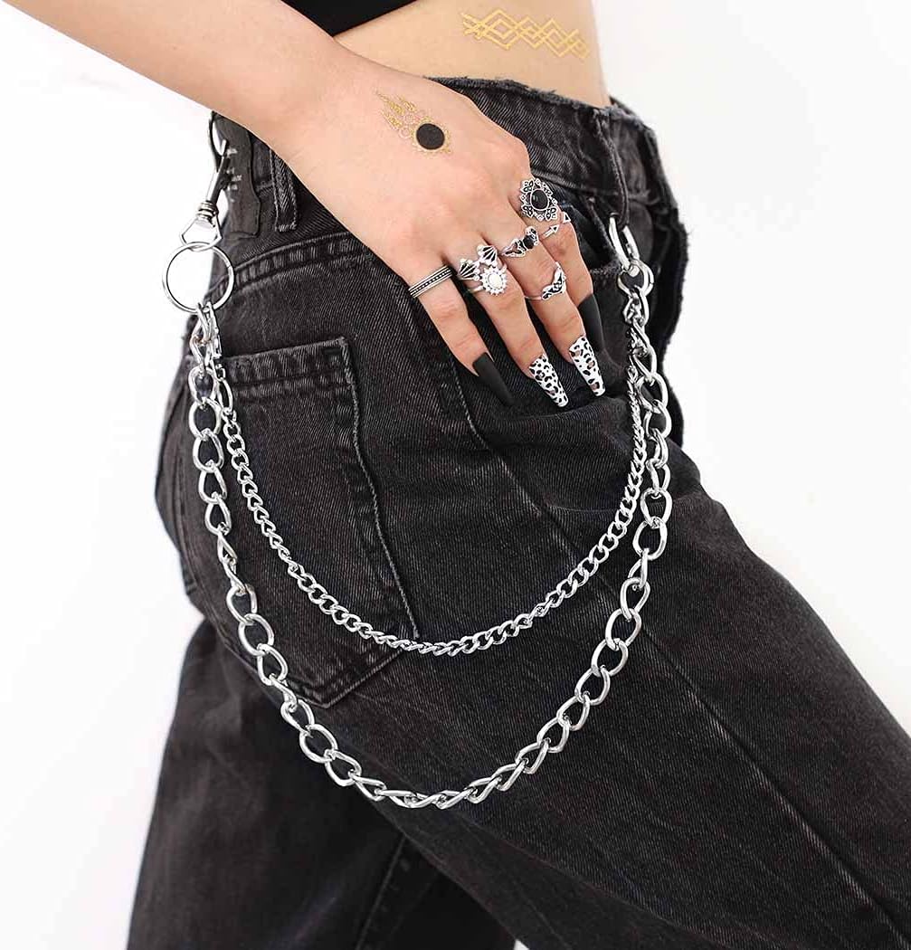 Bomine Hip Hop Pants Jean Chain Goth Punk Silver Trousers Chains Biker Heavy Thick Wallet Pocket Chains Silver Keychains Body Jewelry for Men and Women (Silver), 1 Count (Pack of 1)