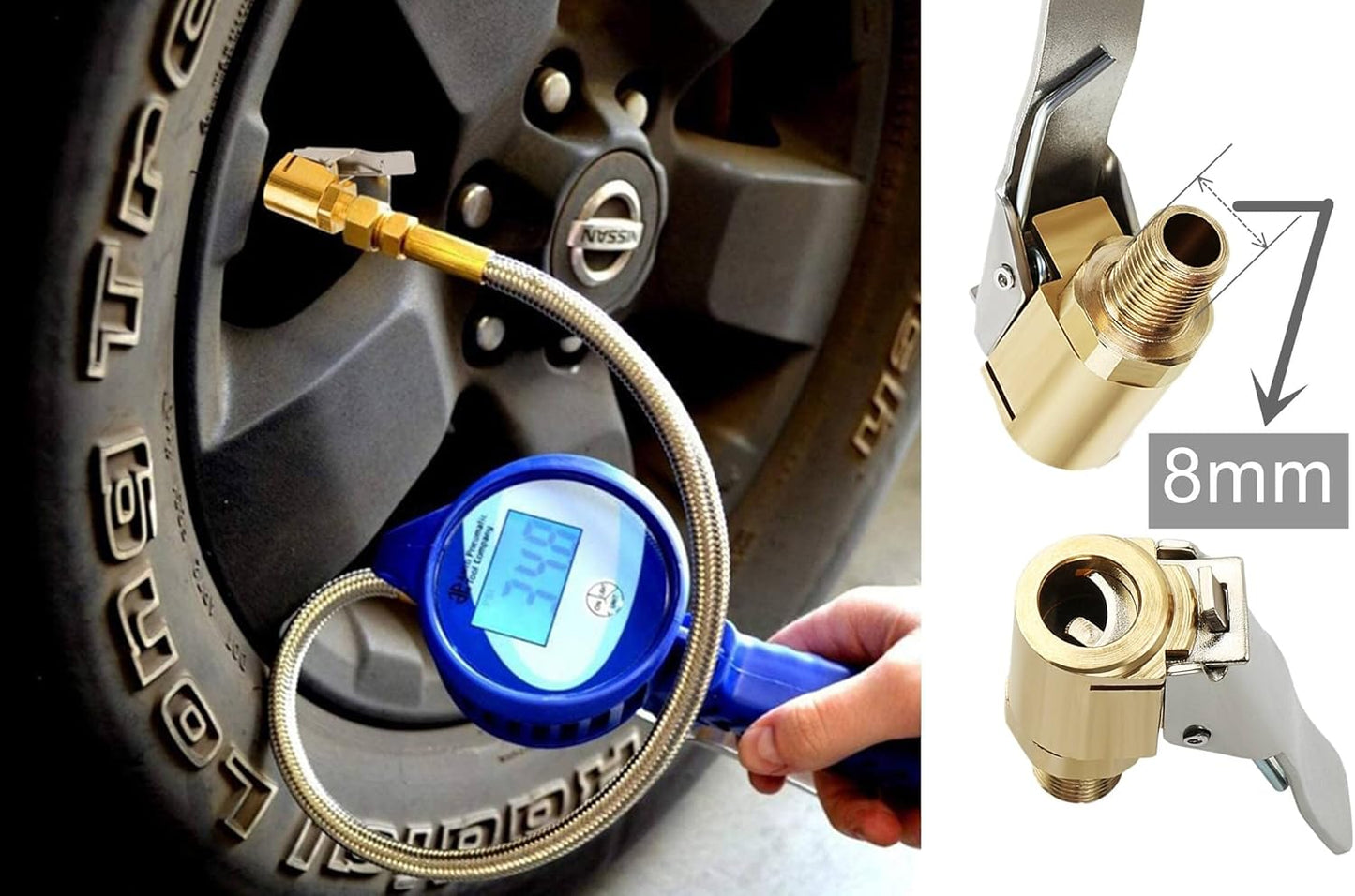 Tire Air Chuck with Clip Adapter, Brass Locking Tire Inflator Nozzle Adapter Connect, No Leakage Tire Chucks for Vehicle Inflator Compressor Pump Connect Accessories Tool 8mm 2Pack