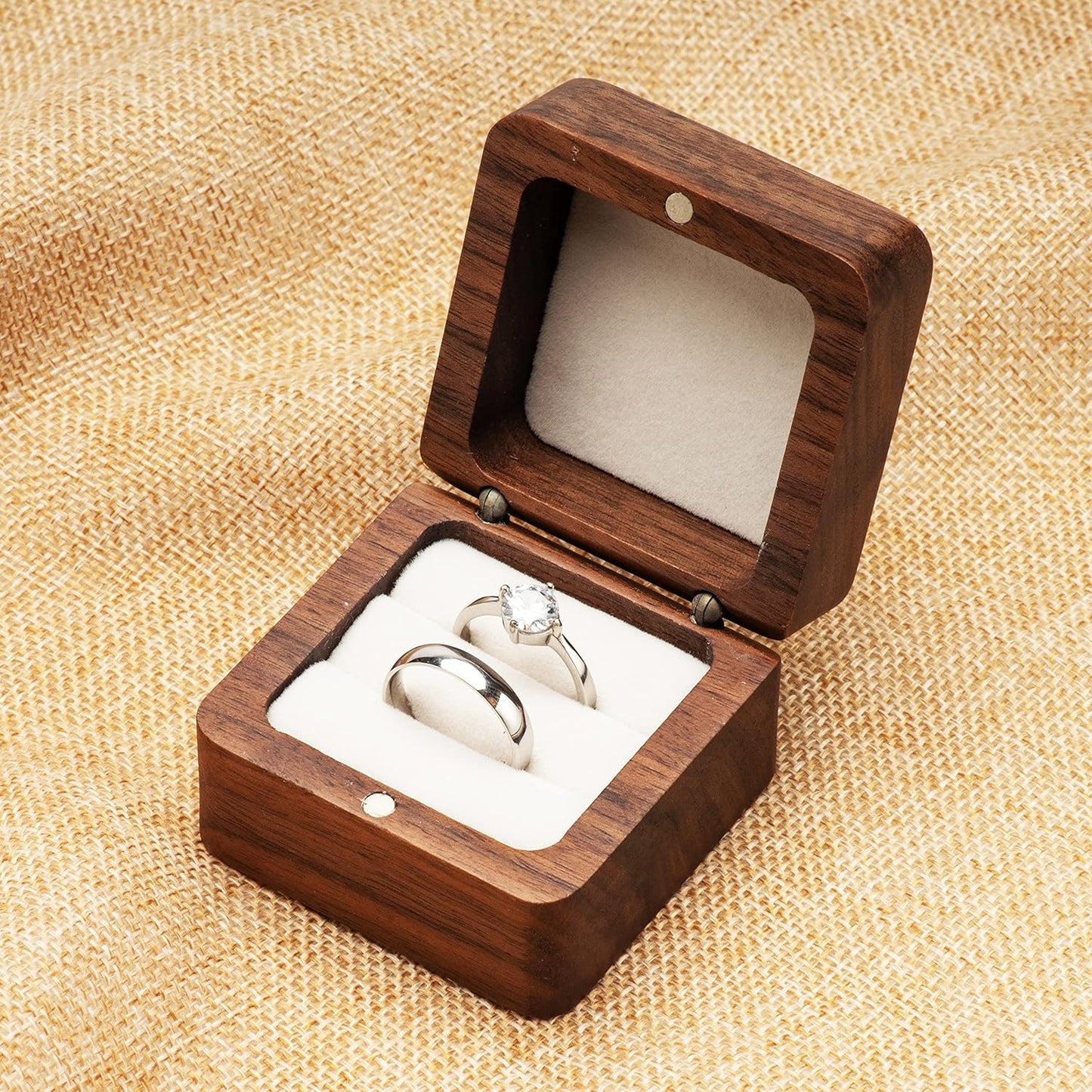 Square Solid Wood Double Ring Box Case for Wedding Ceremony Engagement Proposal,Wooden Ring Holder for 2 Rings (Beige Inner)