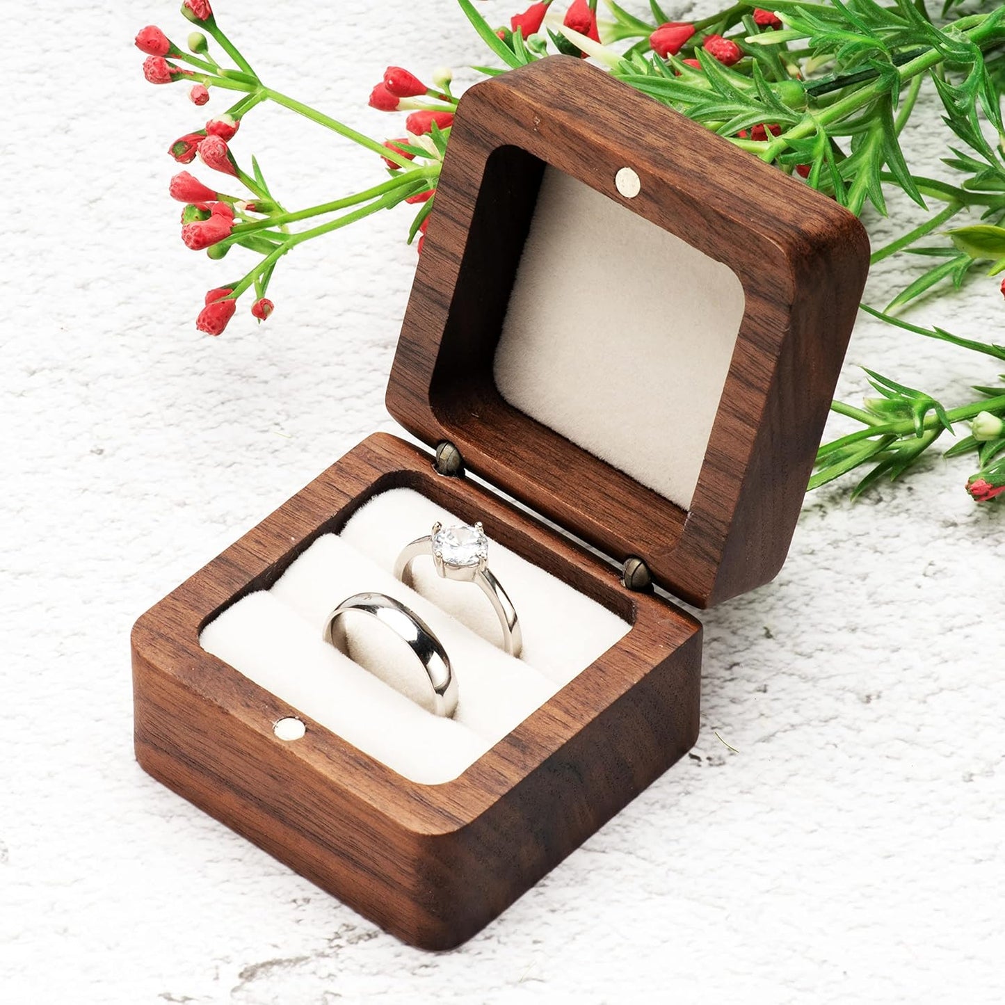 Square Solid Wood Double Ring Box Case for Wedding Ceremony Engagement Proposal,Wooden Ring Holder for 2 Rings (Beige Inner)