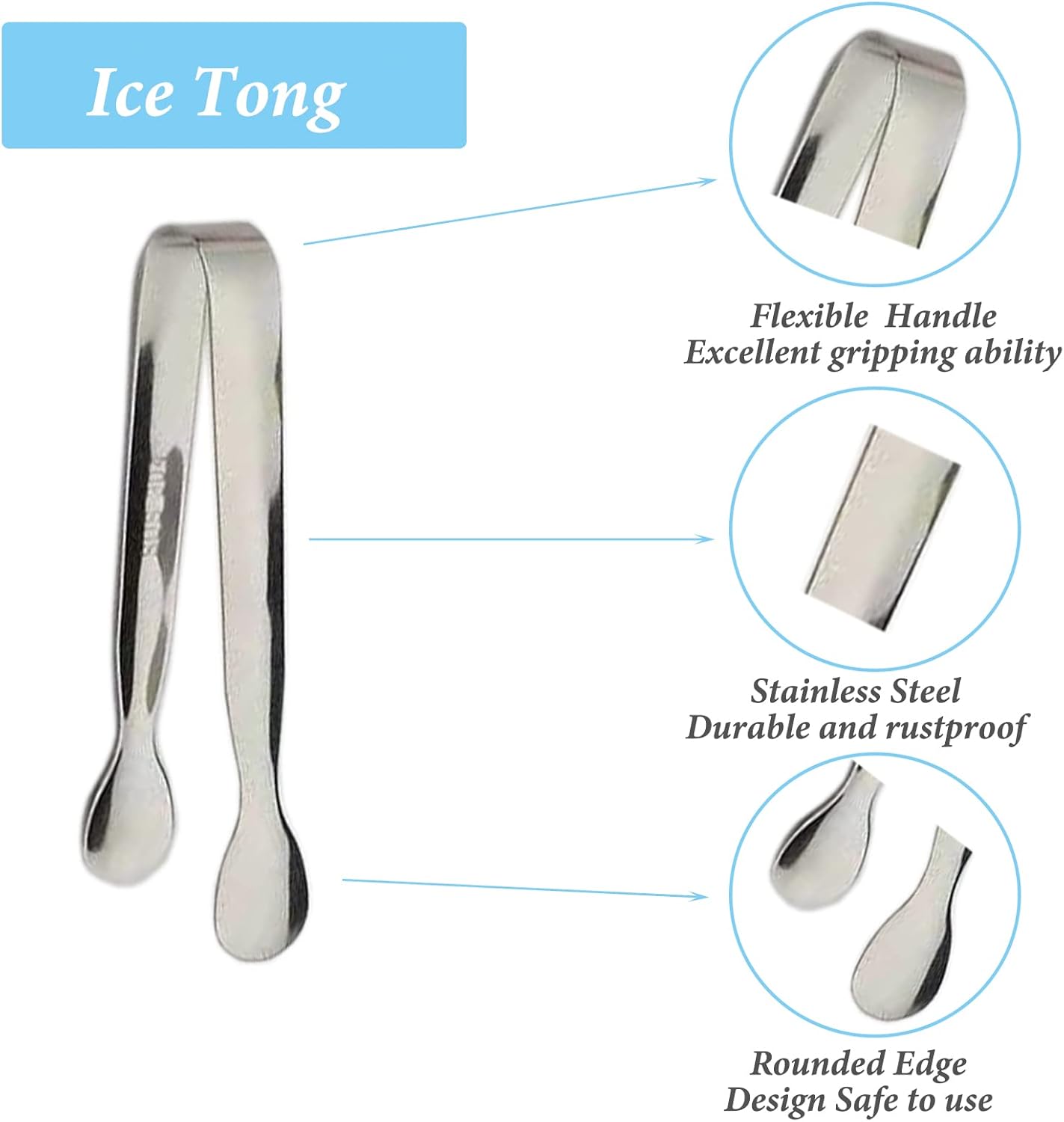 6PCS Mini Ice Tongs, 4.25Inch Stainless Steel Small Serving Tongs, Silver