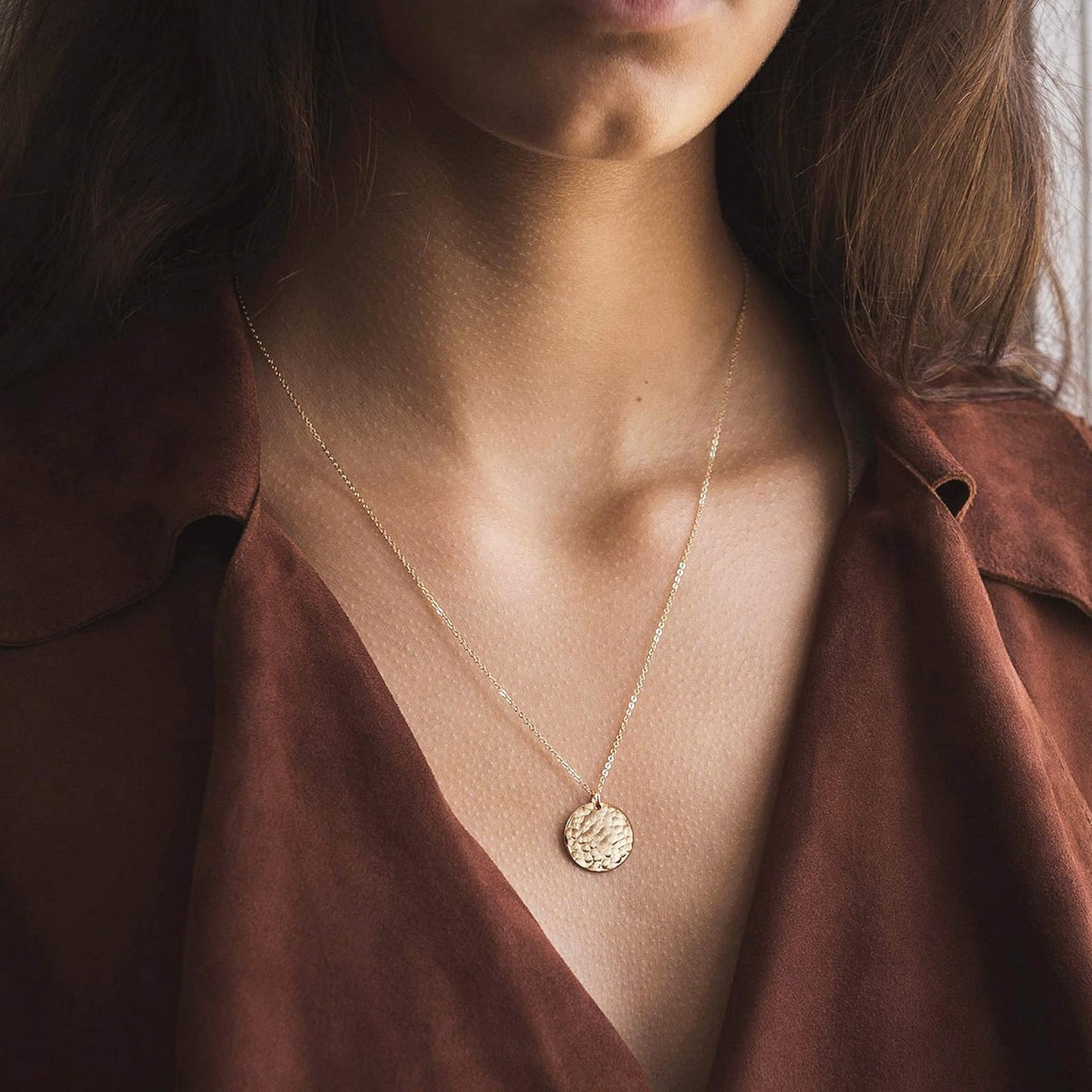 Moon Pendant Necklace 14K Gold Fill Dainty Hammered Moon Phase Gold Choker Simple Crescent Moon Full Moon Karma Circle Choker Necklace