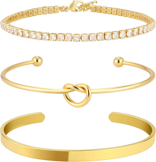 Gold Bangle Cuff Bracelets for Women 14k Gold Plated Cubic Zirconia Tennis Bracelet Non tarnish Love Knot Bracelets Stack Cuff Bangles Adjustable Jewelry Set for Women 3pcs