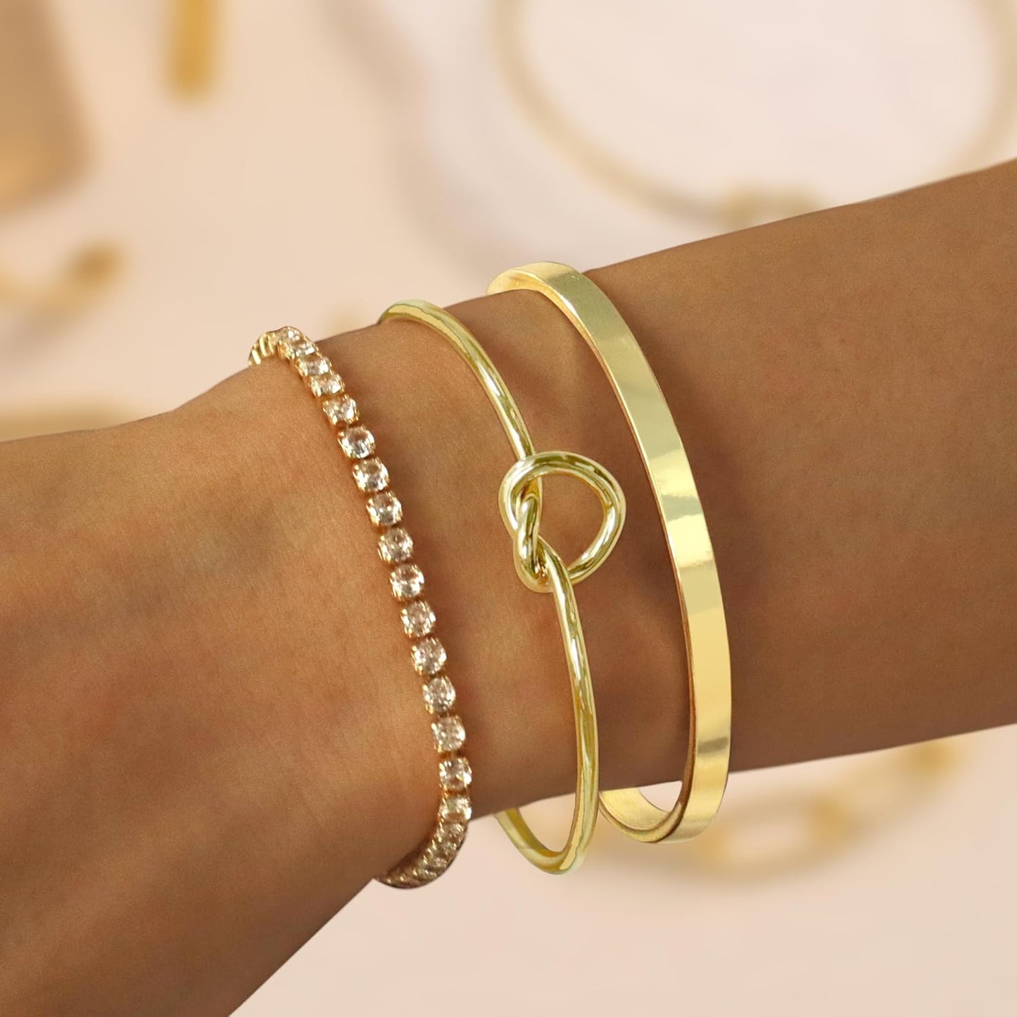 Gold Bangle Cuff Bracelets for Women 14k Gold Plated Cubic Zirconia Tennis Bracelet Non tarnish Love Knot Bracelets Stack Cuff Bangles Adjustable Jewelry Set for Women 3pcs