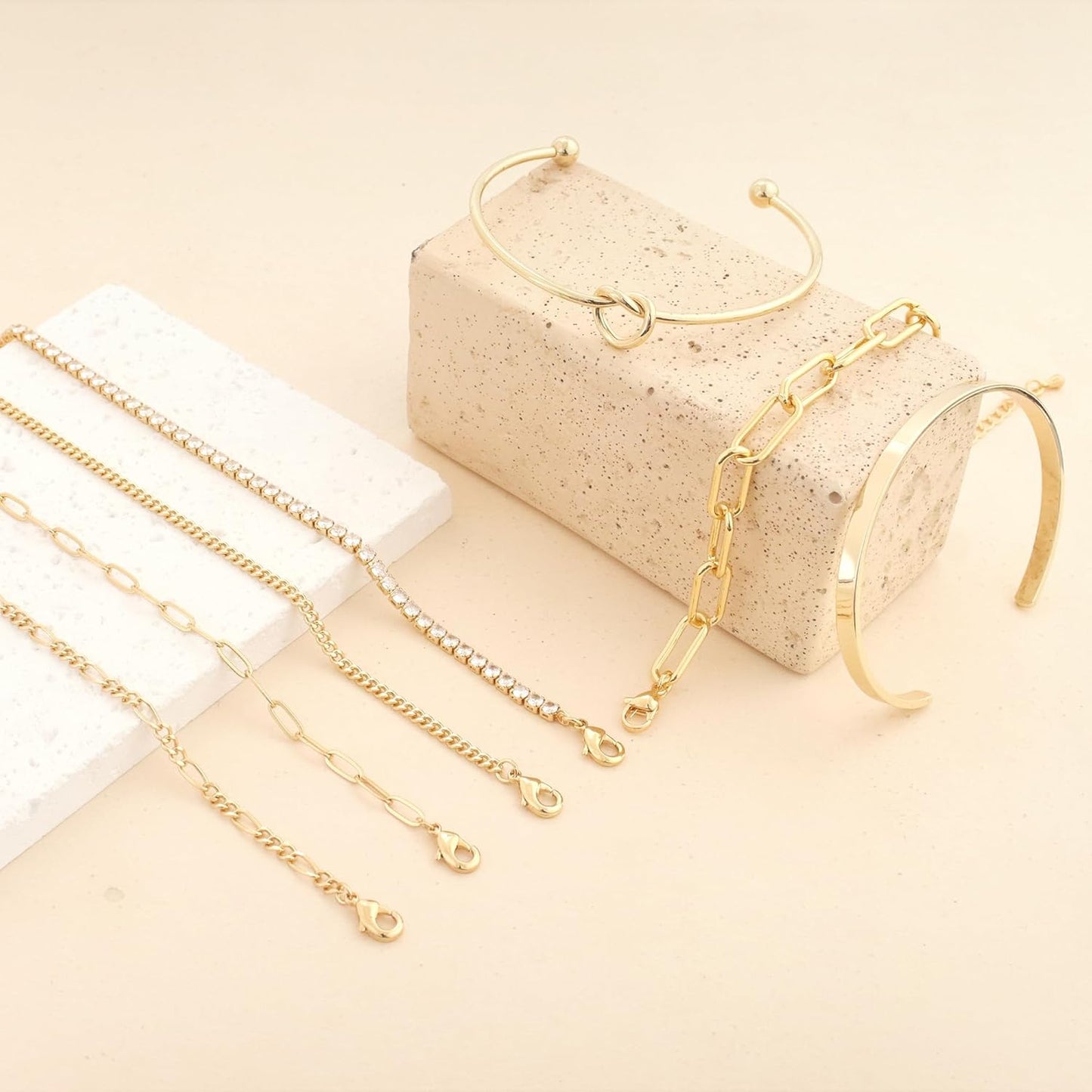 Gold Bangle Cuff Bracelets for Women 14k Gold Plated Cubic Zirconia Tennis Bracelet Non tarnish Love Knot Bracelets Stack Cuff Bangles Adjustable Jewelry Set for Women 3pcs