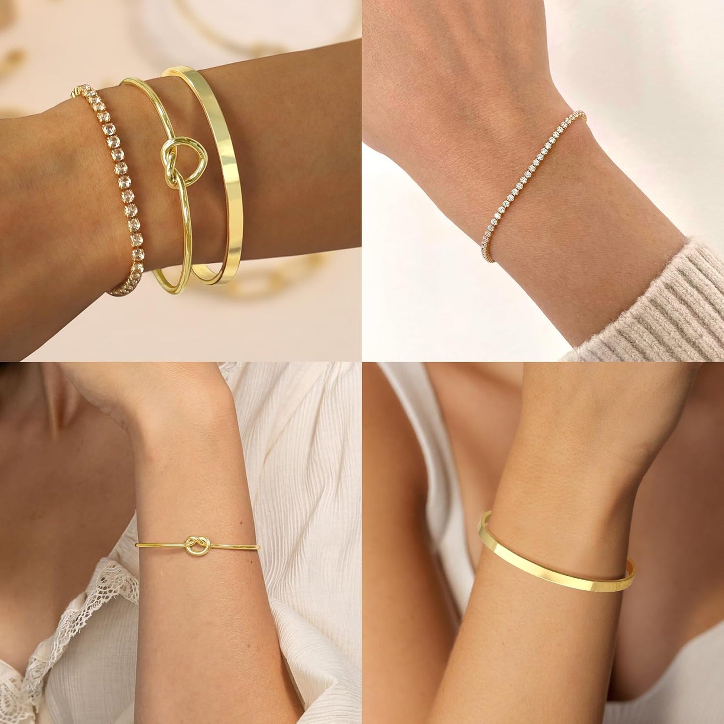 Gold Bangle Cuff Bracelets for Women 14k Gold Plated Cubic Zirconia Tennis Bracelet Non tarnish Love Knot Bracelets Stack Cuff Bangles Adjustable Jewelry Set for Women 3pcs