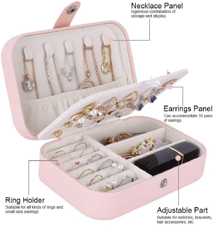 Small Jewelry Box, Travel Jewelry Organizer Portable Jewelry Storage Case for Necklace Earring Rings, Double Layer PU Leather Mini Jewelry Gift Box for Girls Women, Pink